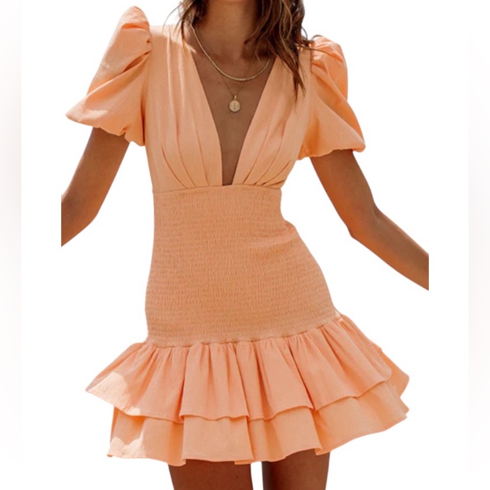 HELLO MOLLY LA DEVOTEE SUN DRESS PEACH puffy short sleeves laceup back